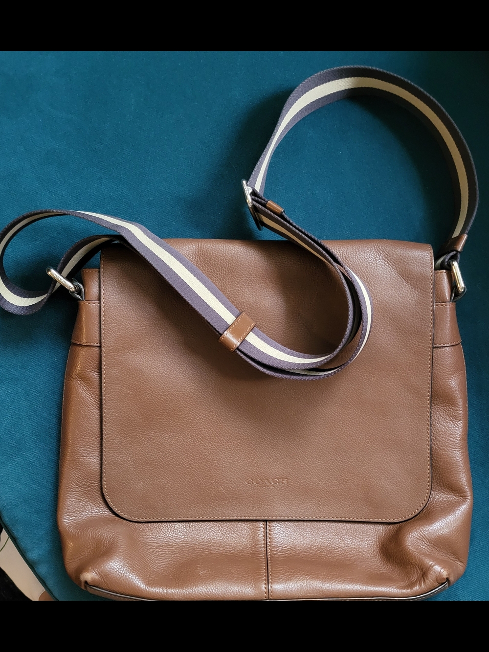 Coach Tan Leather Messenger Bag with Striped Shoulder Strap